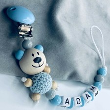 Schnullerkette mit Namen  3D teddy Bär blau ...