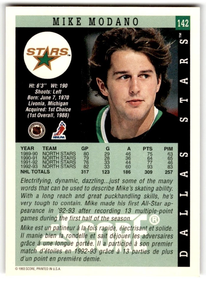 Mike Modano 1993-94 Score #142 Dallas Stars - Image 2 of 2