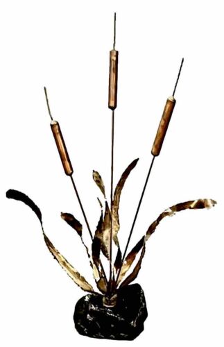 Vtg MCM Trembler Torched Cut Metal Sculpture Brass Copper CatTails 24"  H Onyx - 第 1/8 張圖片