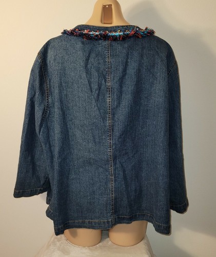 Ruby Rd. Woman 24W Denim Zip Front Embellished Ruffle Artsy Jacket - Picture 3 of 5