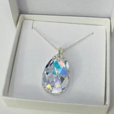 925 Silver Large 28mm Necklace Pendant Pear AB Made With Austrian Crystals