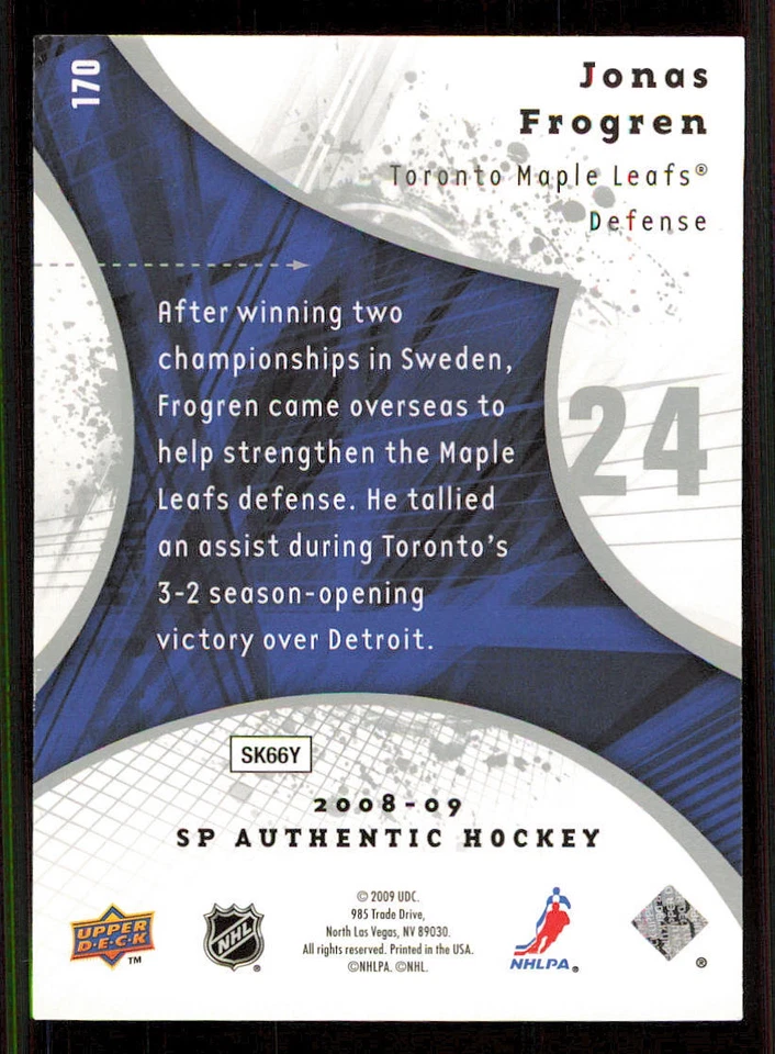 2008-09 SP Authentic #170 Jonas Frogren RC /999 - Image 2 of 2