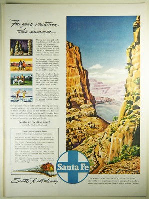 Vintage 1946 SANTA FE RAILROAD Lg Full-Pg Magazine Print Ad: THE GRAND CANYON