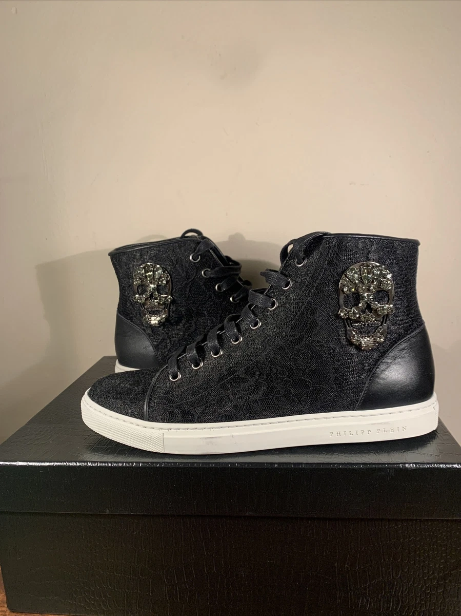Philipp Plein Lace Bomb Black Skull High top Sneaker Men s Size 38