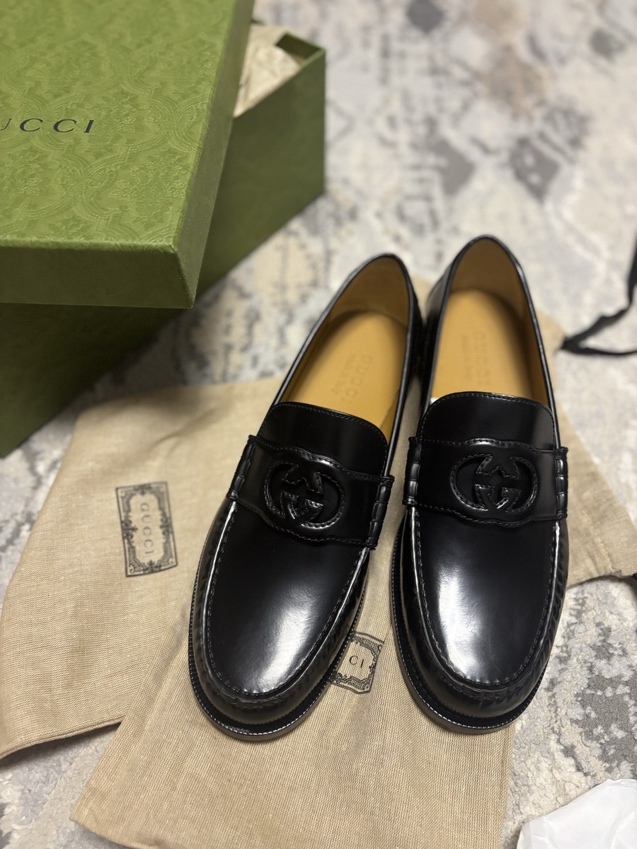 Mens Gucci Black Leather Interlocking G Loafer Shoes 12 Gucci 624720 1066 Black Calf-Skin Leather with Web and  main image 4