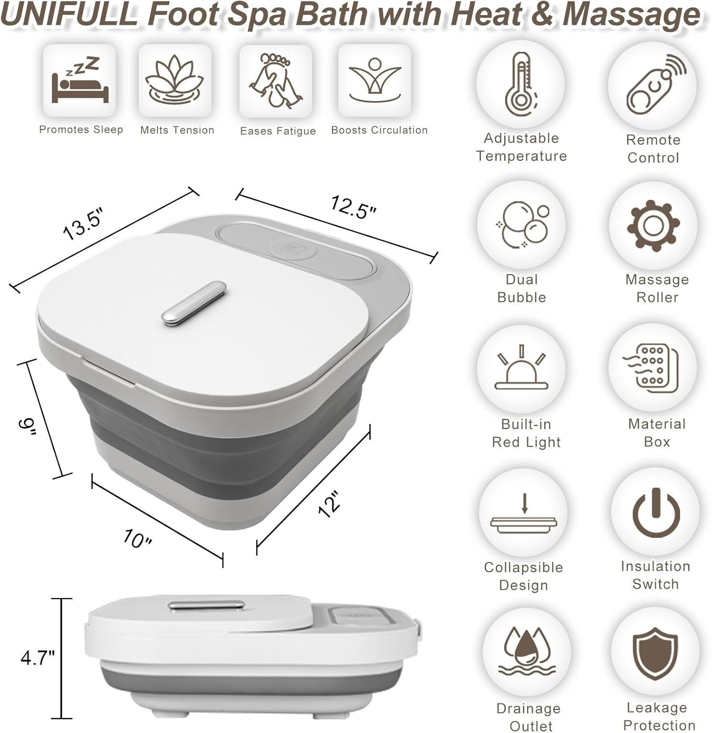 Collapsible Foot Spa Bath Heat Massage Rollers Bubble Temp C