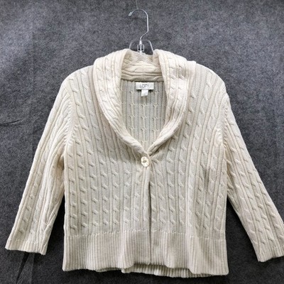 LOFT Cable Knit One Button Cardigan Womens L Ivory Shawl Collar Soft Cropped