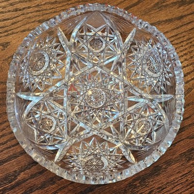 Antique American Brilliant Period Cut Crystal Bowl Hobstar Sawtooth Trinket Dish