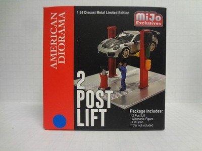 American Diorama 1:64 Mijo 2 Post Lift With Oil Drainer and Mechanic Figure BLUE