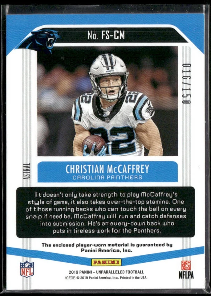 2019 Panini Unparalleled #FS-CM Christian McCaffrey Astral Jersey #/150 - Image 2 of 2