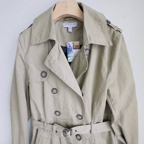 Khaki Cotton On Trench Coat Belted Double Breasted Lined New With Tags Jacket L - Picture 2 of 8