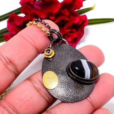 Black Banded Agate Gold Rhodium 925 Sterling Silver Chain Pendant 18-22'' Sku8