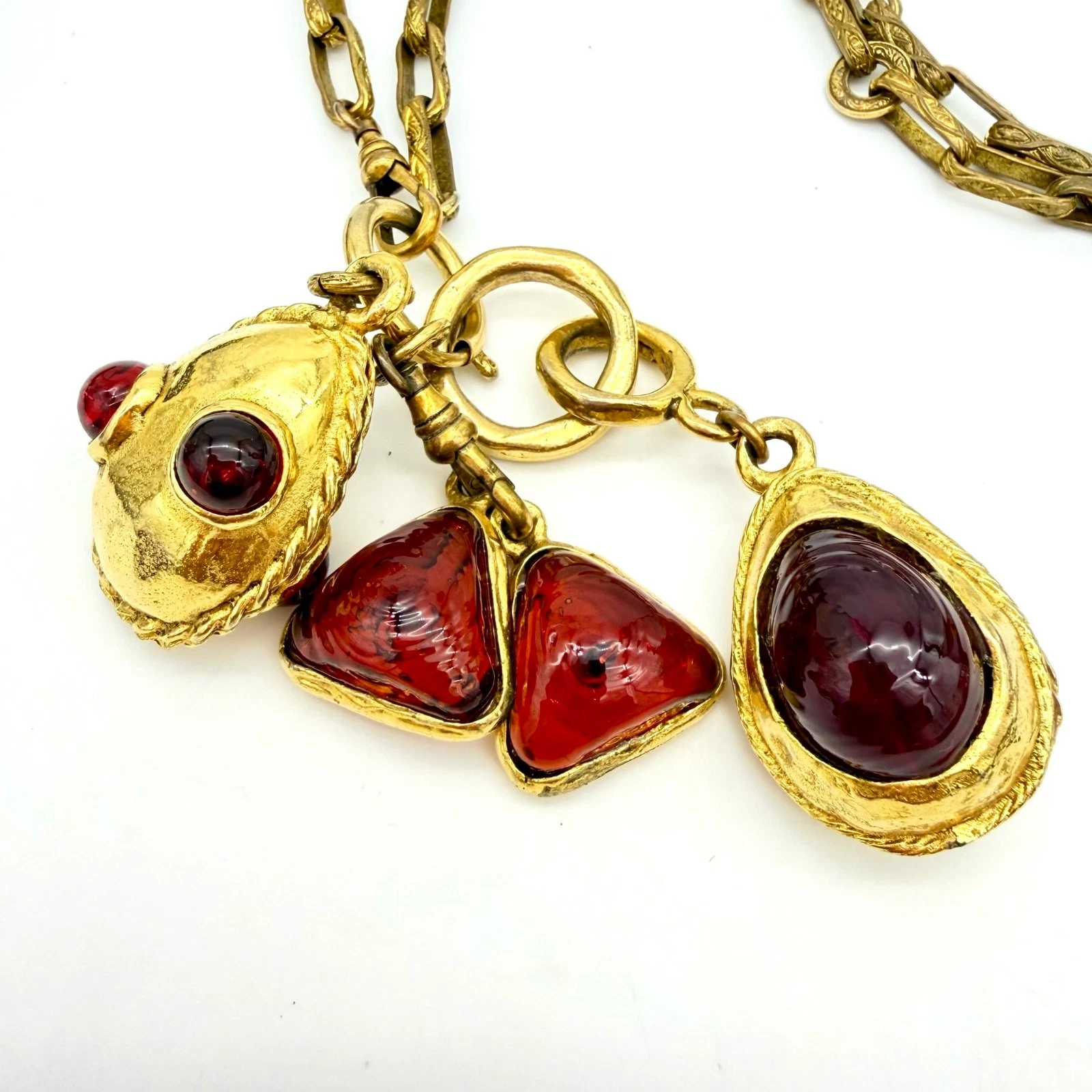 Vintage 1970s CHANEL Gripoix Red Glass Cluster Charm Necklace 29” Gilt Chain 105