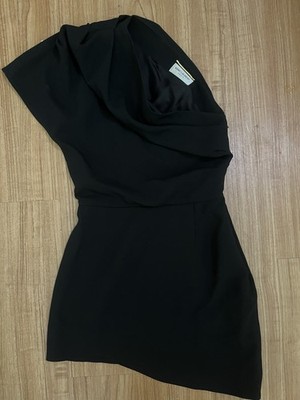 Saint Laurent Black Solid Mini Dress Cowl Neck Short Sleeve Zip Womens S