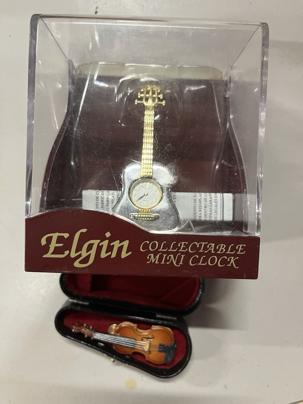 elgin collectible mini clock & Violin Pin