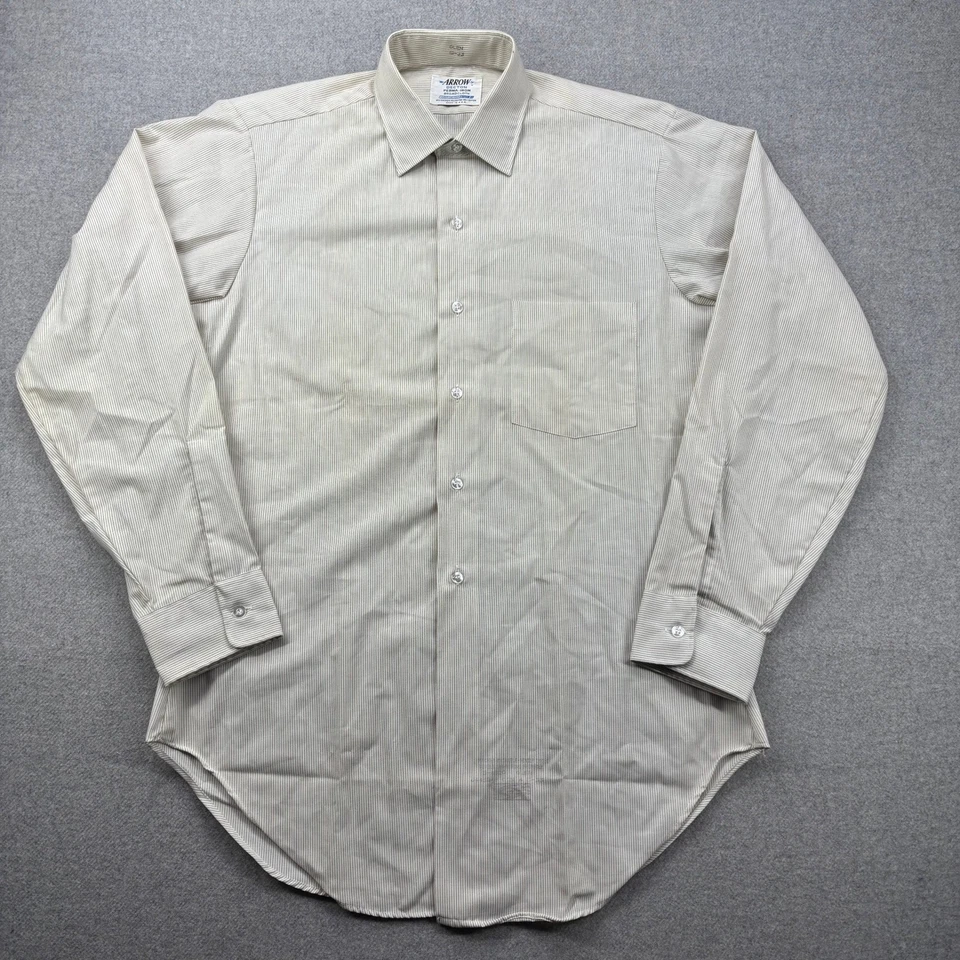 Винтажная мужская рубашка 60-х Arrow Decton 15-33 (размеры L) желтовато-коричневая в полоску сделано в США - Изображение 2 из 4