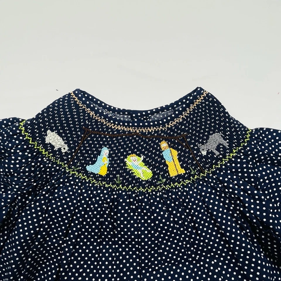 Mom & Me 学步儿童 100% 棉连衣裙海军蓝/白色圆点圣诞缩褶 — 第 2/4 张图片