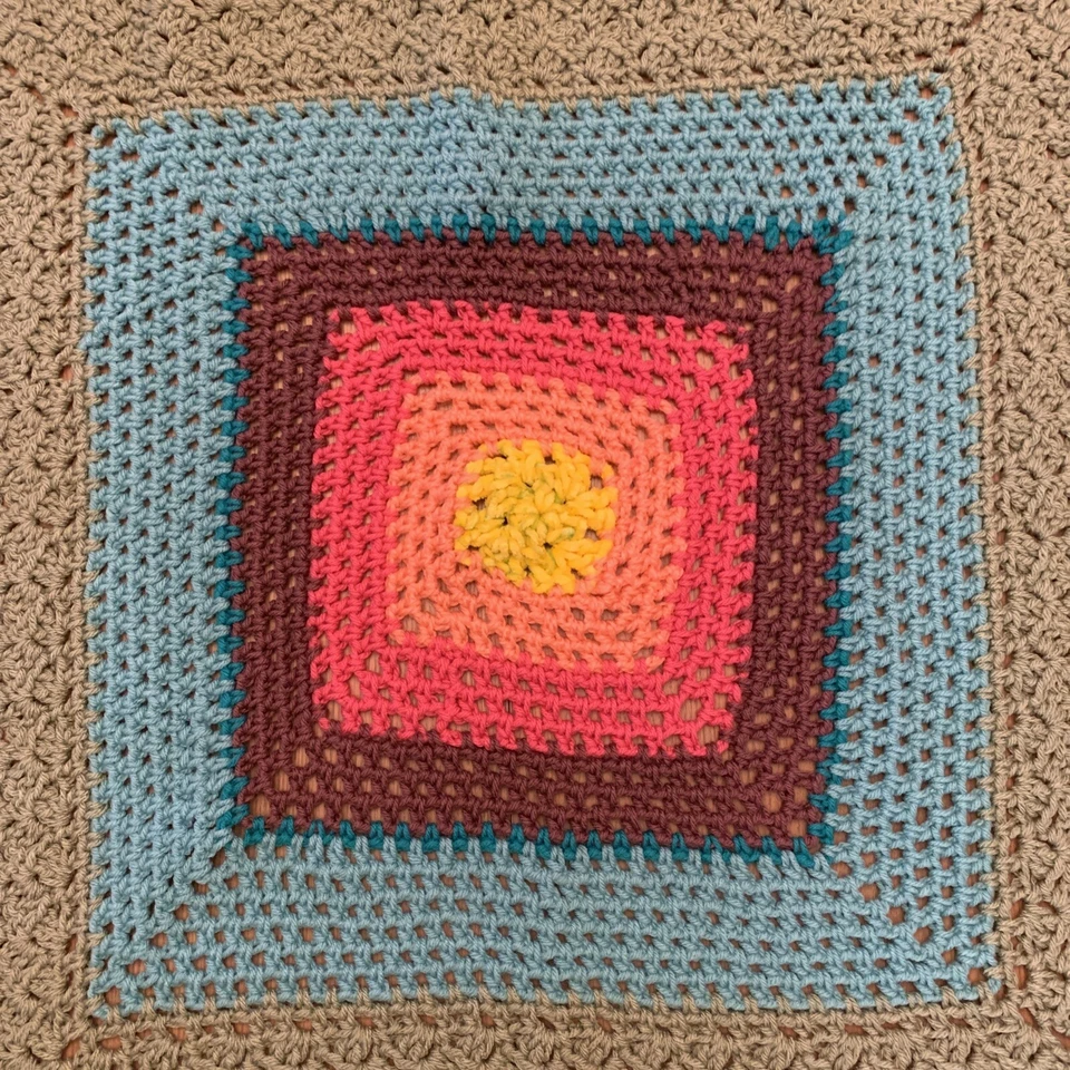 Handmade Crochet Afghan Blanket 31 x 31 Baby/Lap/Throw NEW Pink Teal Yellow - Image 3 of 4