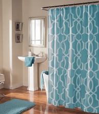 Studio D Linea Scroll Faux-Linen Shower Curtain  Hooks Set Reef Water 70x72
