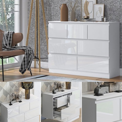 White High Gloss 7 Drawer Modern Slim Side Chest Drawers Storage