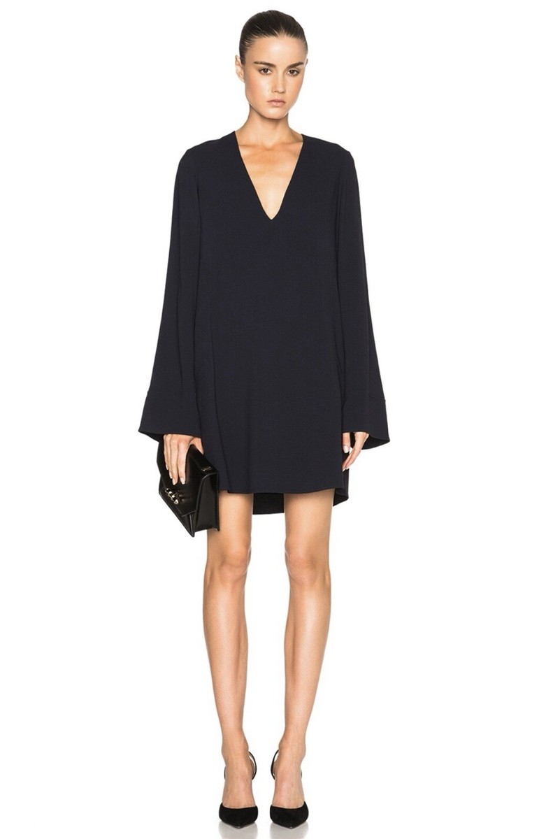 Helmut Lang long sleeve crepe deep V neck shift dress in navy sz