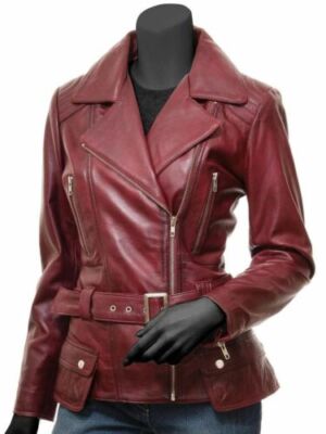 Stylish Burgundy Real Soft Lambskin Leather Motorcycle Style Women's Jacket