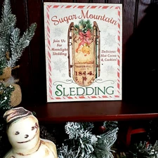 OLD COLONIAL VINTAGE PRIMITIVE STYLE CHRISTMAS SUGAR MOUNTAIN SLEDDING 1844 SIGN