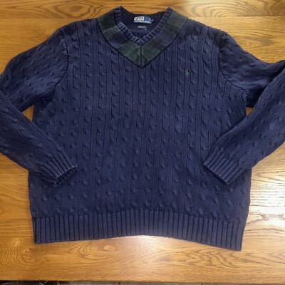 Vintage Polo Ralph Lauren Cable Knit Plaid V-Neck Cricket Sweater