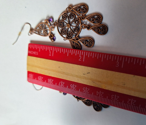Copper Tone Filigree Multiple Drop ChandelliDangle Purple Crystals Hook Earrings - Picture 3 of 3