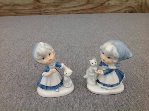 Pair of Girl With Cat Ceramic Figurines