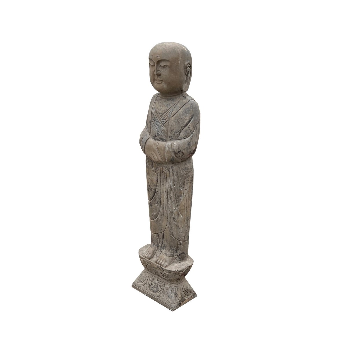 Pair Chinese Stone Carved Standing Zen Garden Monk Lohon Statues cs7645S Pair Chinese Stone Carved Standing Zen Garden Monk Lohon Statues cs7645S