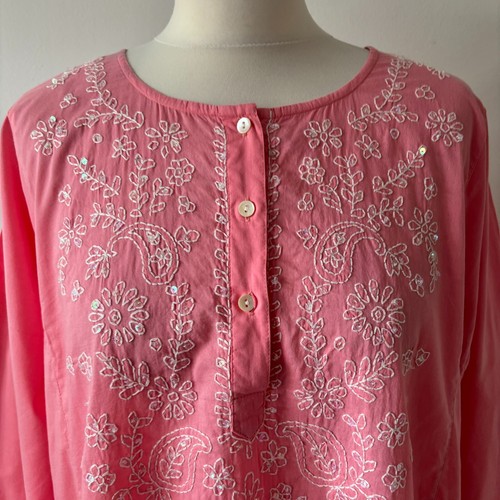 East Pink White Floral Embroidered Cotton Kaftan Dress Sequins Side Slits Size L - Picture 2 of 12