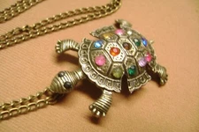 NWT-  OVER THE HEAD 24" LENTH BRASS TONE MULTICOLOR CRYSTAL TURTLE NECKLACE