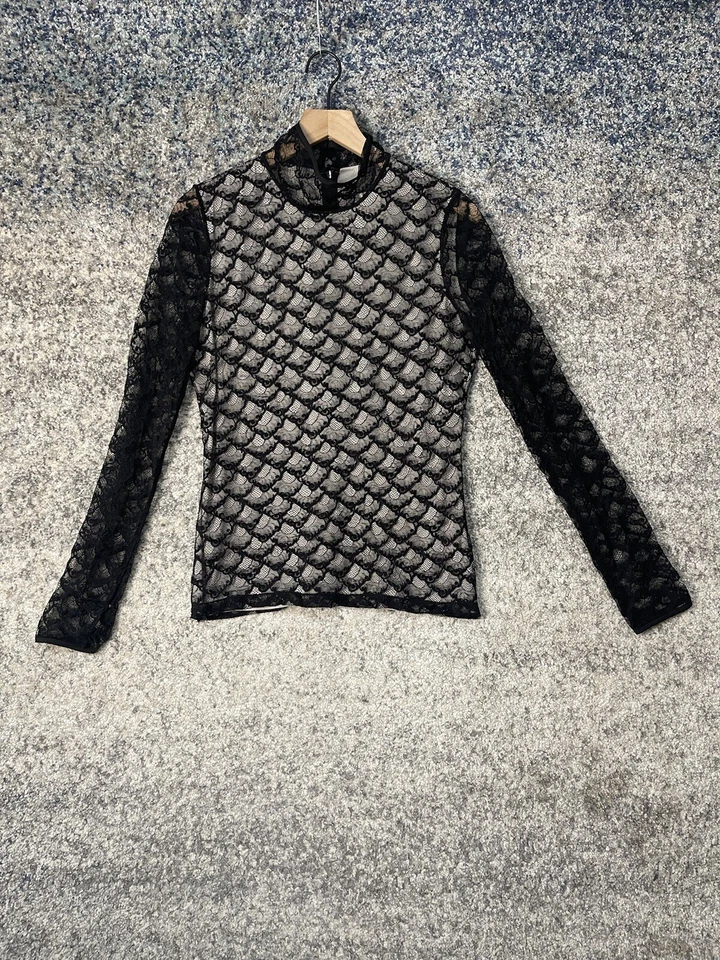 Blusa Top Manga Larga Diane Von Furstenberg Negra Abanico Encaje Transparente Cuello Simulado 8