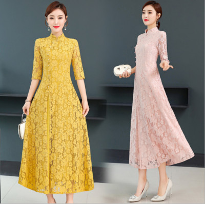 Women Elegant Dress Chinese QiPao Cheongsam Lady Retro Printing Slim Long Dress