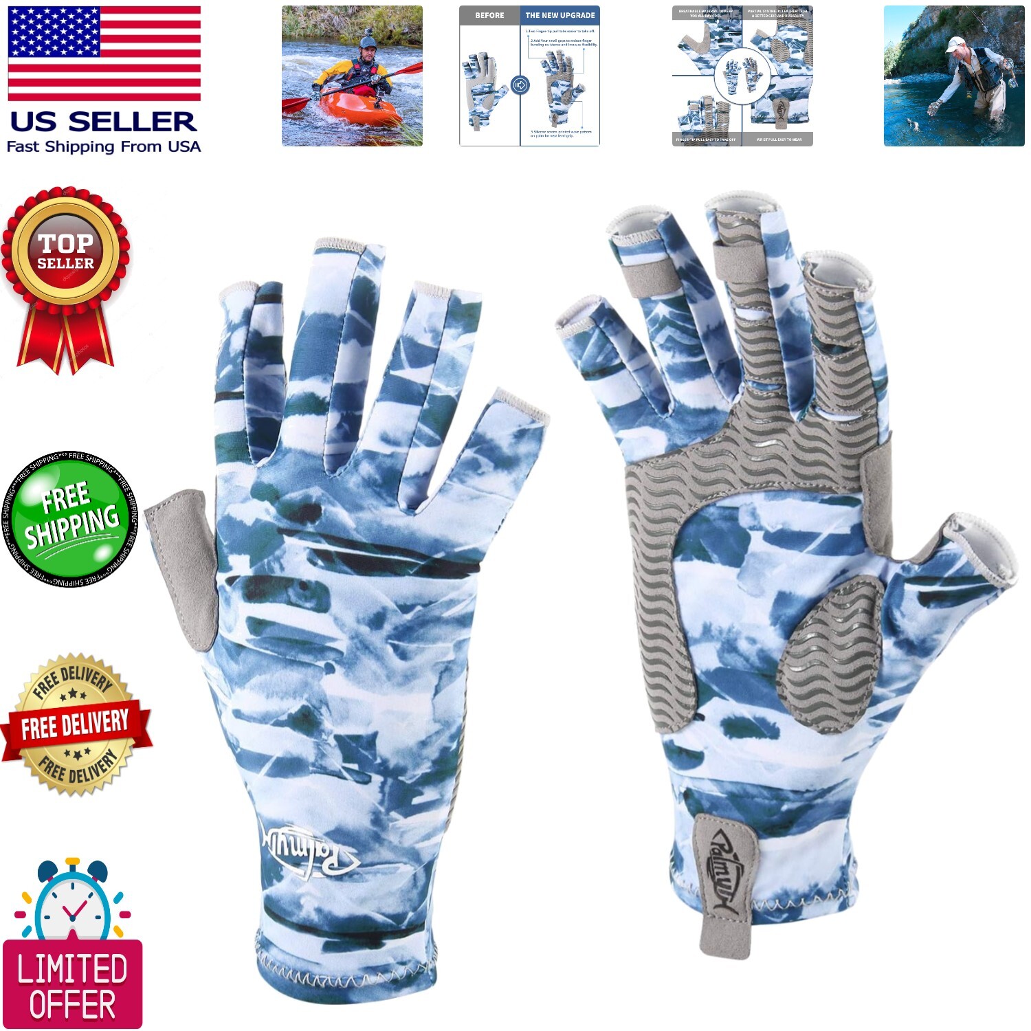 Breathable UV Protective Kayak Fishing Gloves Size Large by Mountain Sky