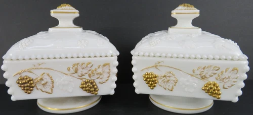 Lot of 2 Vintage Westmoreland Harvest Grape Square Footed Candy Dish w/ Lid Gold