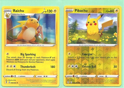 2 POKEMON RARE RAICHU (Holo) 50/203 & PIKACHU (RH) 49/203-EVOLVING SKIES- NM/M