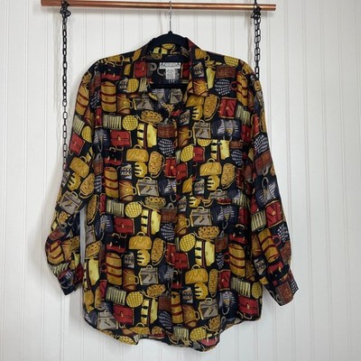 Whistles Women s 100% Silk Bags Print Long Sleeve Button Down Shirt Size M