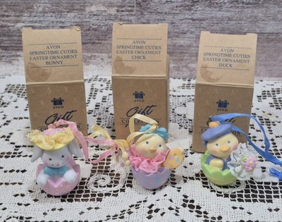 VTG Avon Springtime Cuties Easter set of 3 Bunny Duck Chick Ornaments NEW in Box