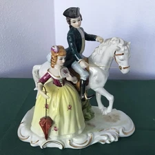 Vintage KPM Porcelain Figurine Man On Horseback Woman w/Umbrella & Fan