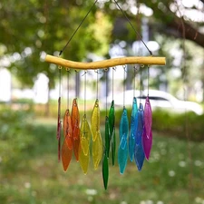 Glass Wind Chime 21in Long Multicoloured Leaves Windchime Garden Art Home Decor