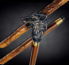 Handcrafted Wooden Walking Stick Carved Floral Design Cane with Wolf Handle Gift
