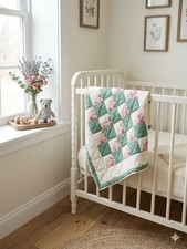 Mini Quilt Wall Hanging Baby Blanket Hand Made 38.5" x 30.5" Green Pink Floral