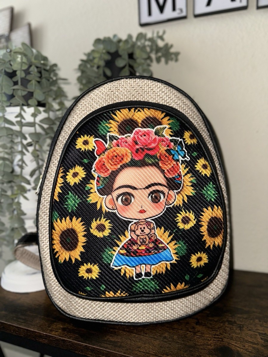 Floral Embroidered Kids Backpack Black Beige Canvas Cartoon 
