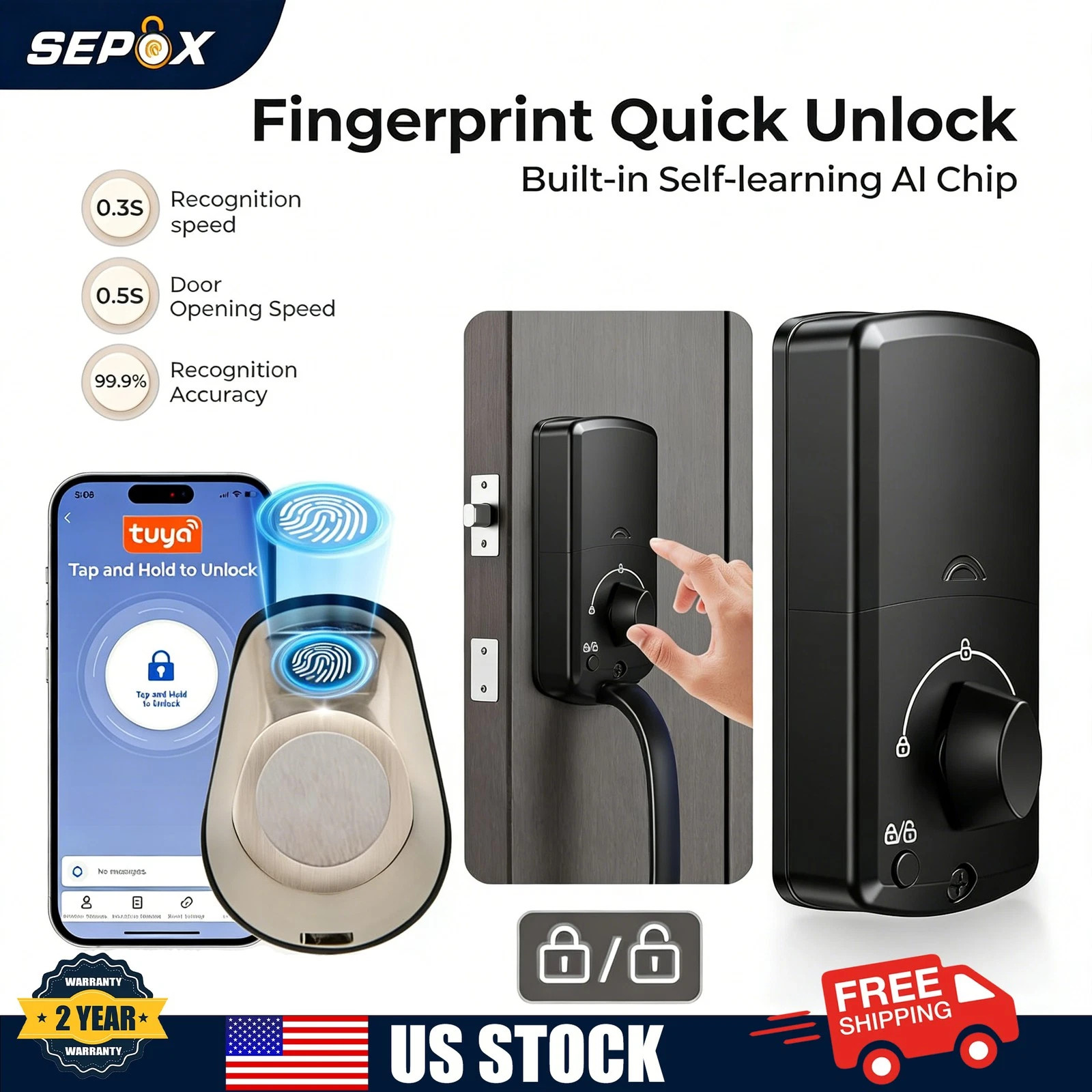 Smart Finger Recognition Keyless Lock Smart Deadbolt Fingerprint Lock W/Keys US