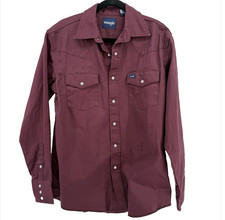 Wrangler Brushpopper Mens Medium Western Pearl Snap Shirt Maroon Cotton