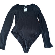 NEW Women  s Solid Black Medium Sized Bodysuit, Easy Button-Up Black Bodysuit 