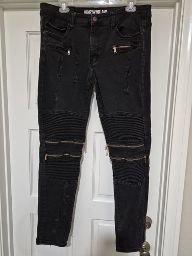 Henry & William Jeans Men 36X31 Black Distressed Ripped Zipper Skinny Denim