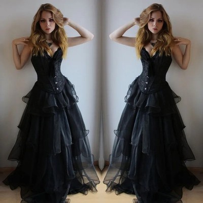 Black Gothic Wedding Dress Corset Sweetheart Neck Sleeveless A-Line Bridal  Gowns | eBay